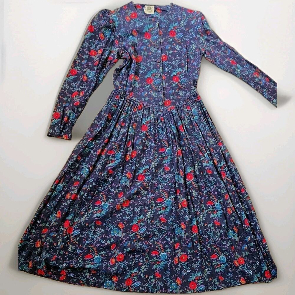 Vintage 1980s Laura Ashley Prairie Dress UK Blue Floral Flannel Womens 10
